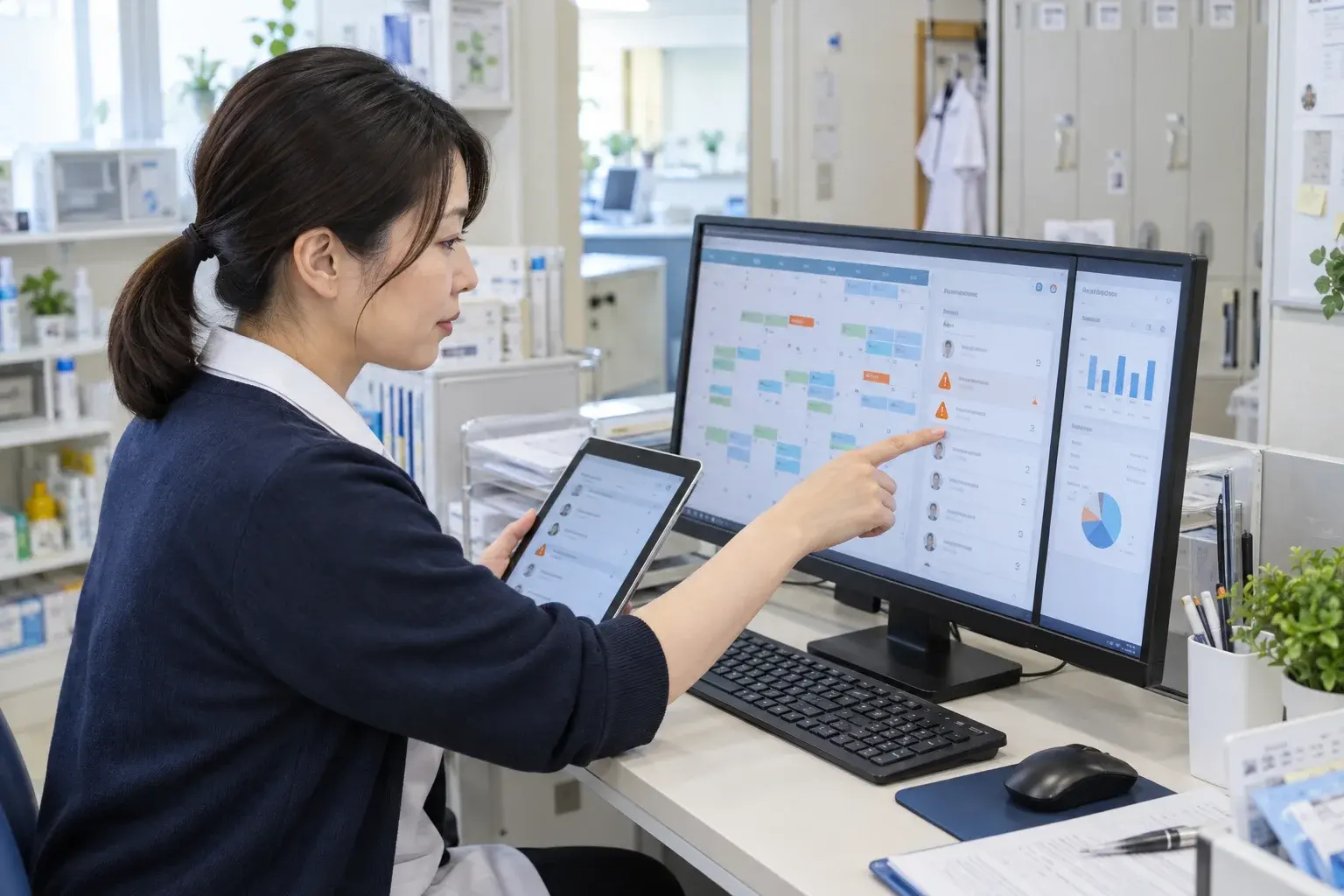 医療法人の担当者がAIを活用した勤怠管理画面でエラーを確認するイメージ
