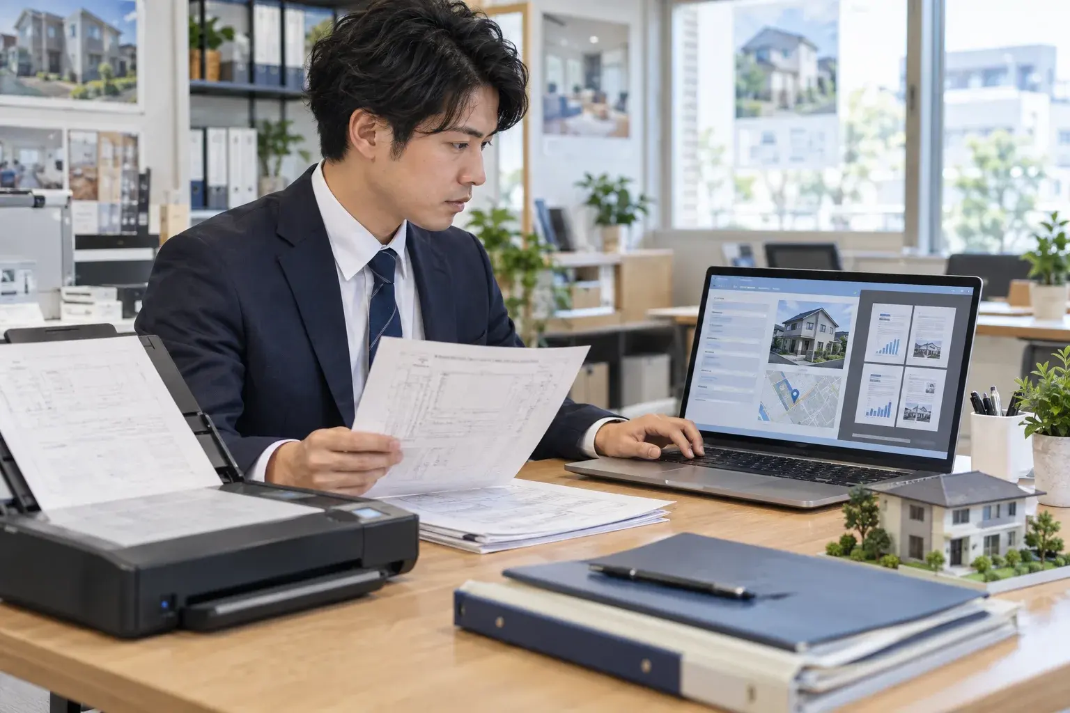 不動産会社の担当者が登記簿を確認しながらAIで査定書を作成するイメージ
