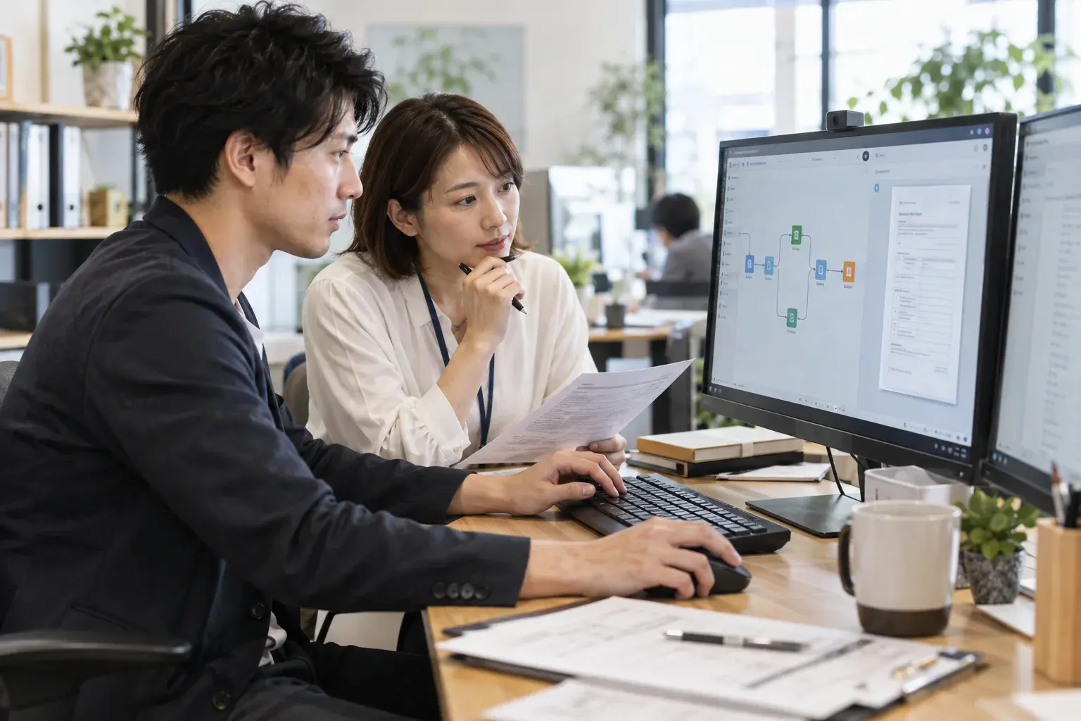 現場の帳票を確認しながらAIを組み込んだ業務フローを構築するAI業務実装のイメージ