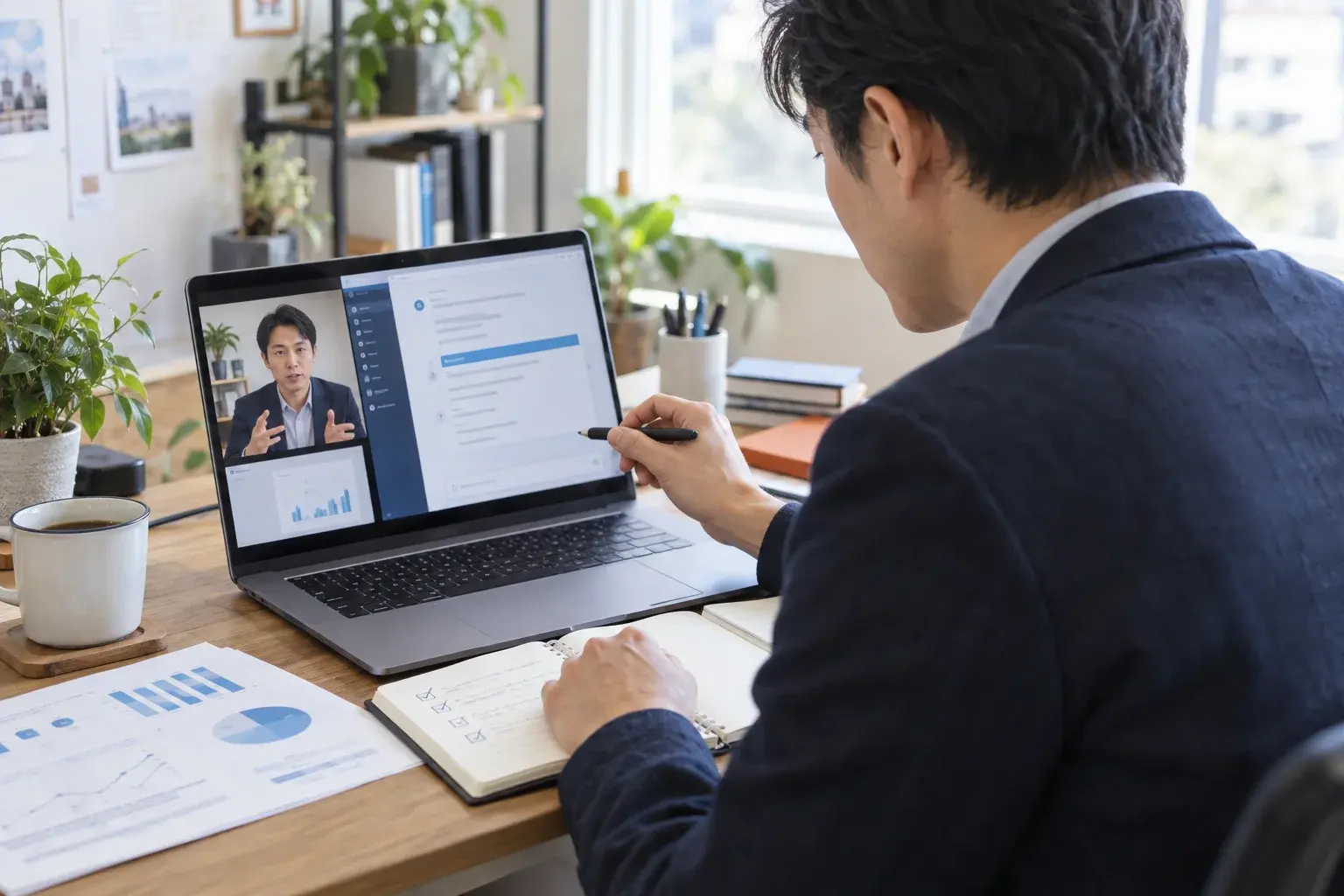 導入済みのAI画面を共有し、オンラインで改善相談を行うAI顧問のイメージ