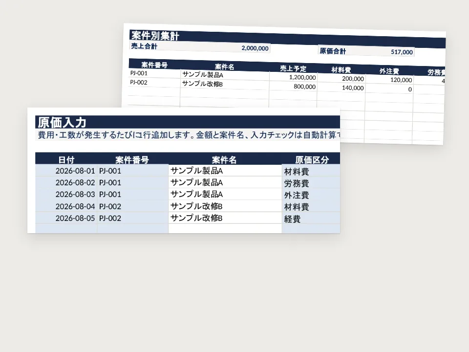 案件別 原価管理Excelテンプレートの中身（実際のページ）